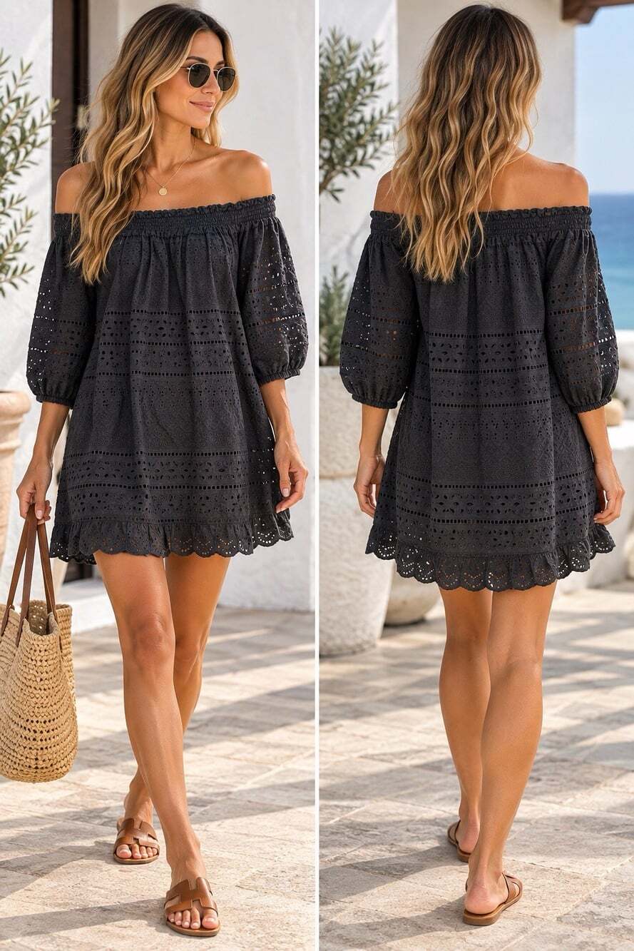 Zara Basic Black Eyelet Off Shoulder Boho Mini Dress Medium